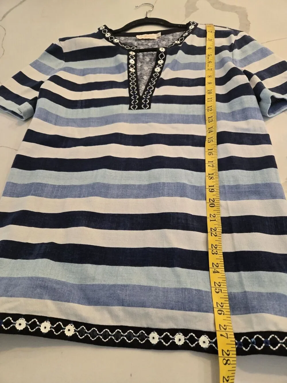 Tory Burch Navy and Light Blue Striped Embroidered Split-Neck Top